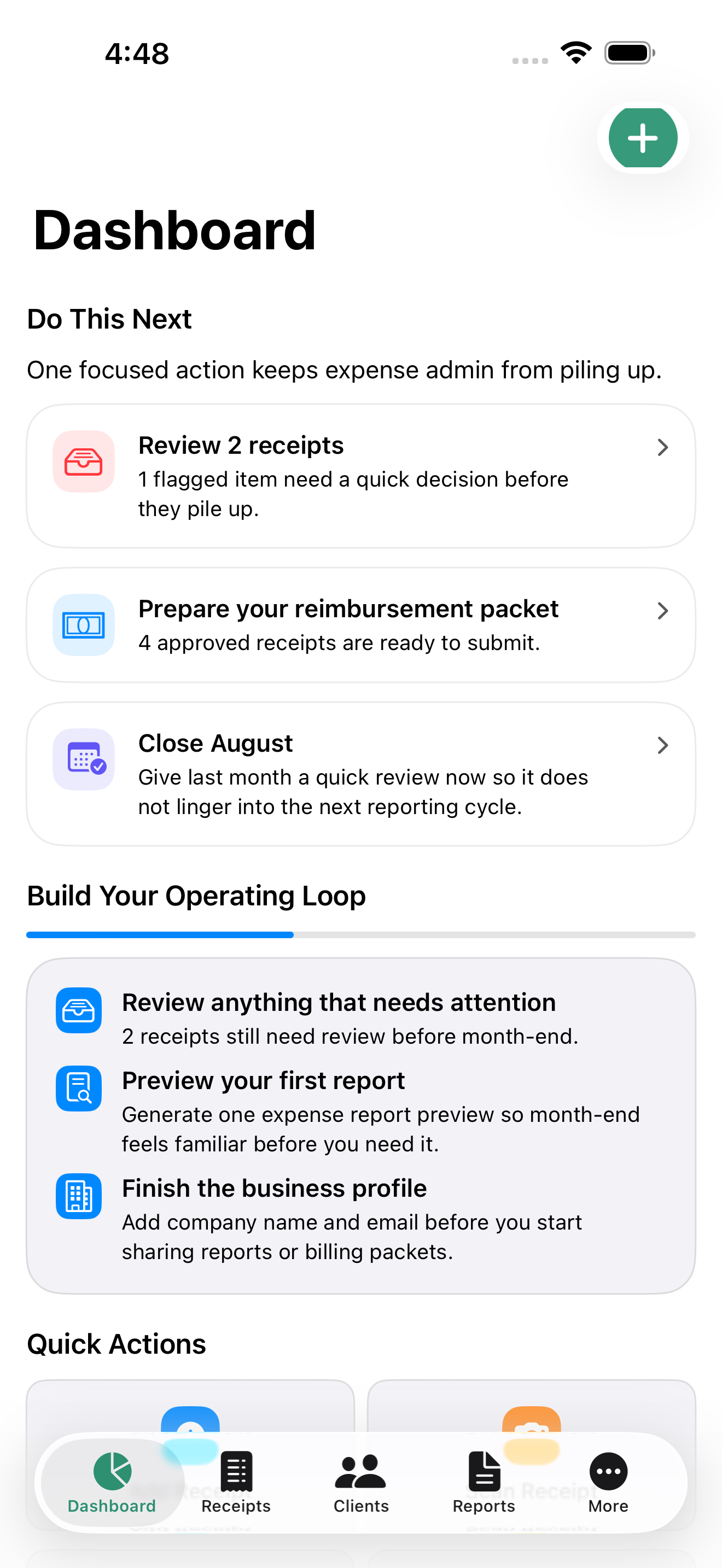 ExpenseOnTheGo dashboard with next actions for receipt review, reimbursements, and month-end close
