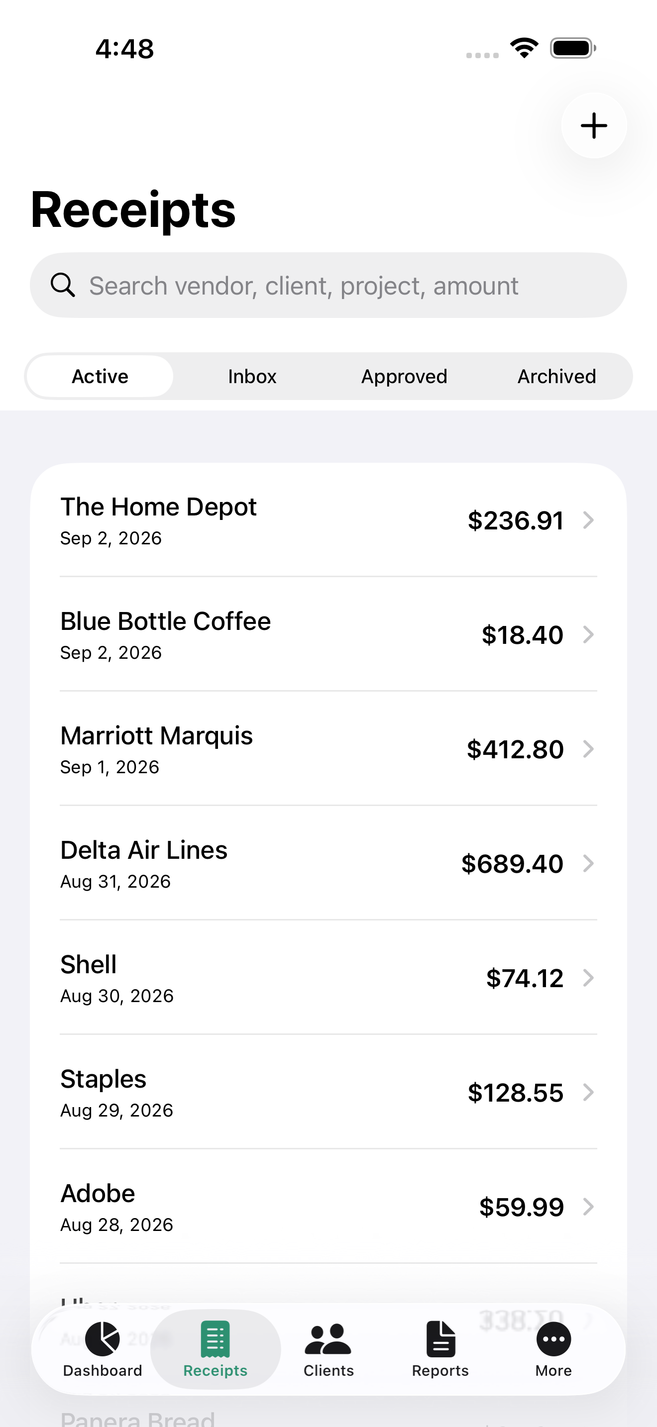 Receipts organized by vendor, date, and amount in ExpenseOnTheGo